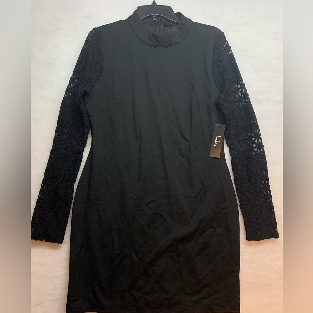 Lulus black cocktail/party dress, long sleeves with lace detail, size XL